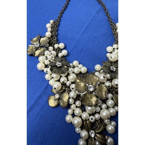 Floral Rhinestone Pearl Cluster Goth Gun Metal Bronze Chain Mail Bib Necklace - Picture 3 of 6